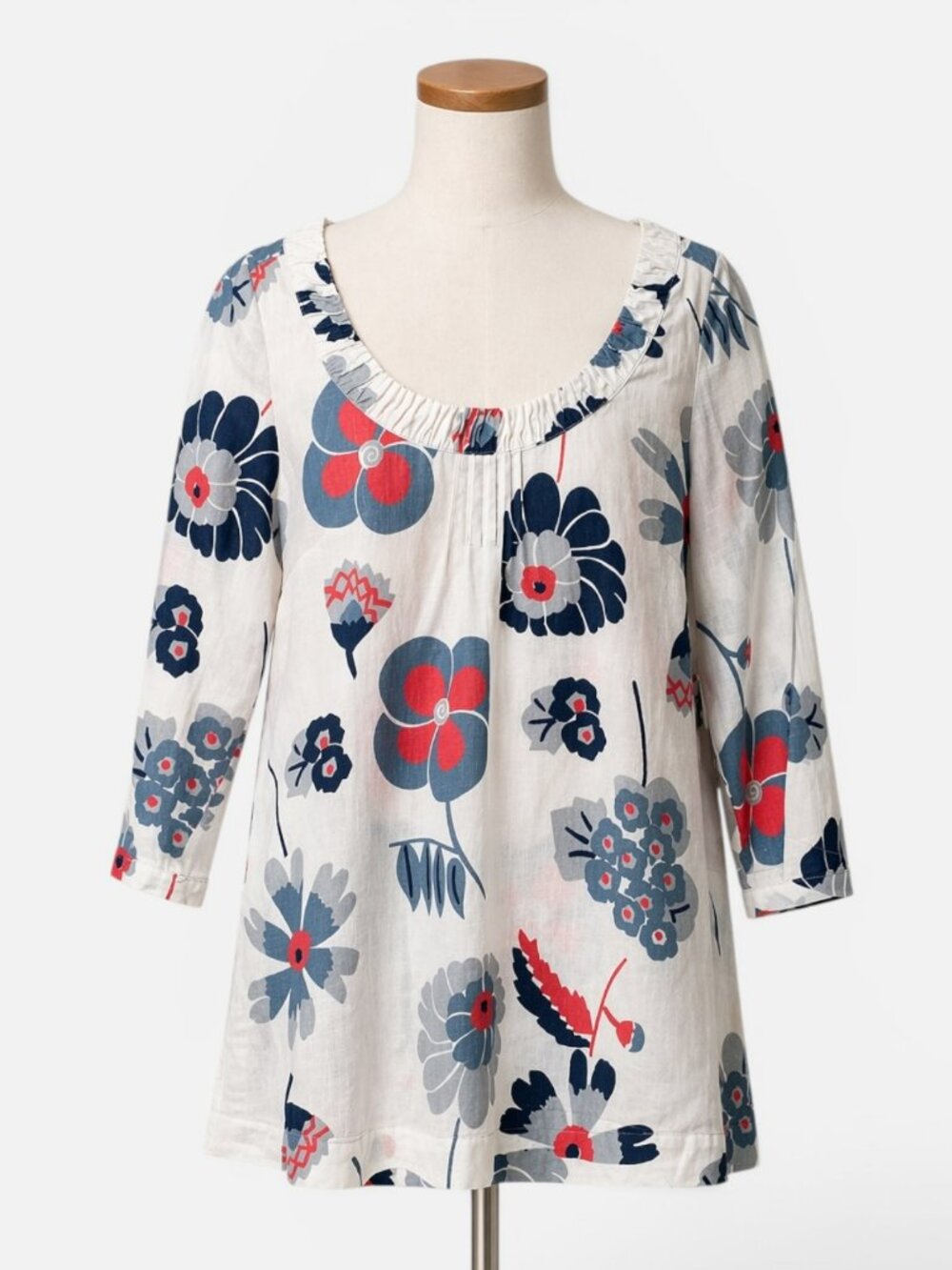 Boden Linen Floral Tunic Top Scoop Neck 3/4 Sleeve Cottagecore Coastal Sz 4